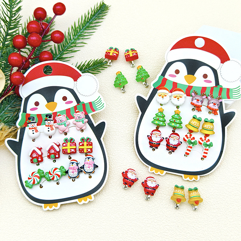 [Can] New Kidsren's Christmas Anti-Pain Ear Clip Cartoon Santa Claus Snowman Elk Pierced Earrings