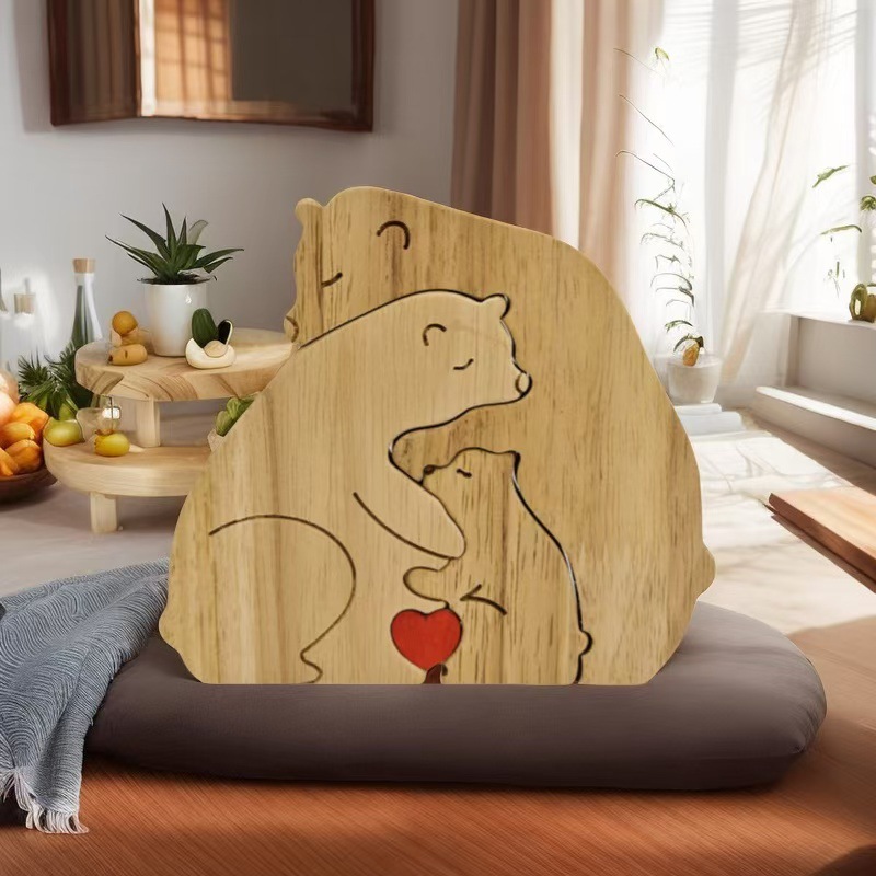 Cross-border New Wooden Puzzle Mother and Son Cross-legged Bear Warm Family Solid Wood Home Decoration Handmade Art
