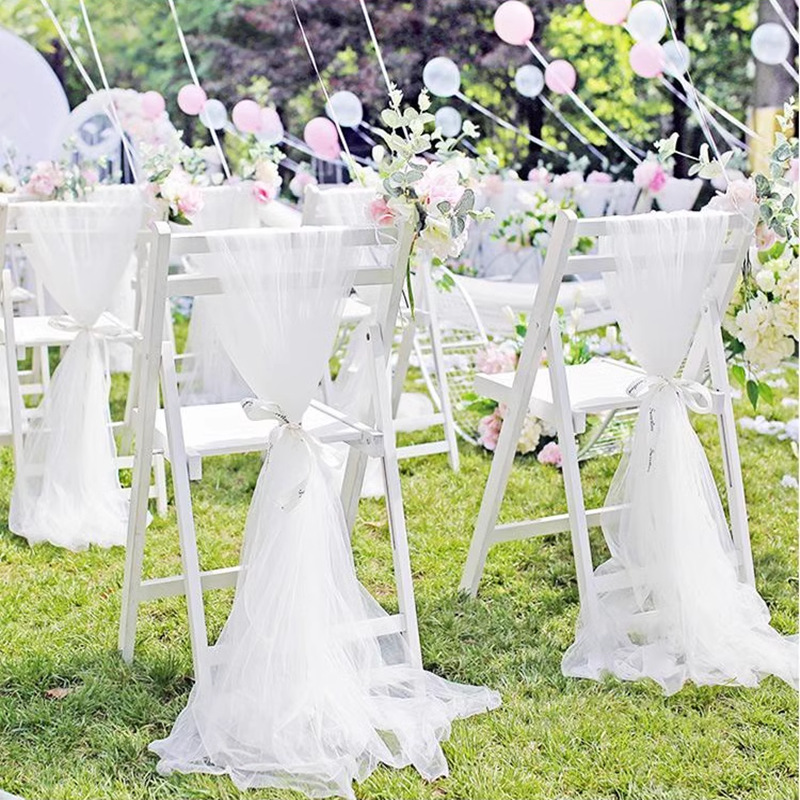 Cross-Border Tulle Wedding Chair Back Decoration Swiss Tulle Wedding Decoration Bamboo Chair White Tulle Ceiling Mesh Decoration Props