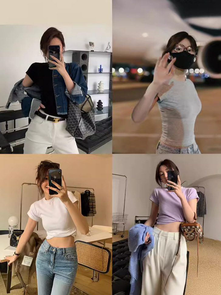 Cross-border bottoming slim-fit short-sleeved T-shirt for women Korean style new foreign trade ins slimming short fashion top for women Fashion Wholesale