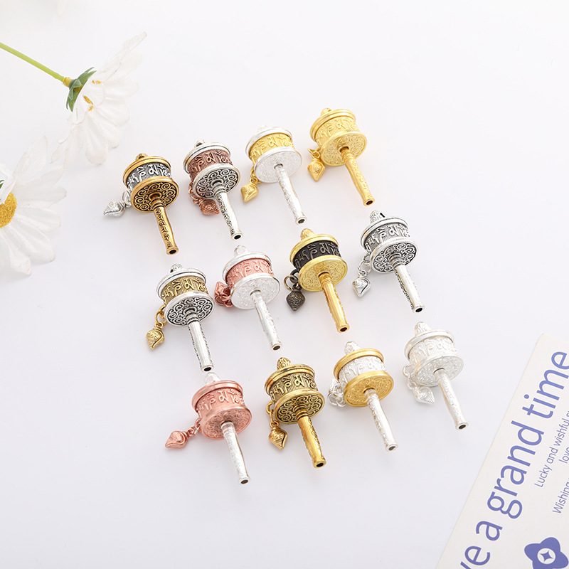 Xizang Jewelry Alloy Six-Character Mantra Turning Tube Luggage Car Pendant Keychain Tassel Factory Direct Sale
