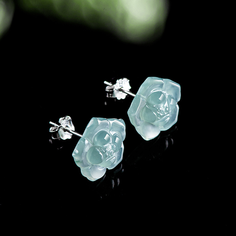 Original natural A goods jade blue water lotus earrings ice jade stone petals S925 silver inlaid antique women's earrings