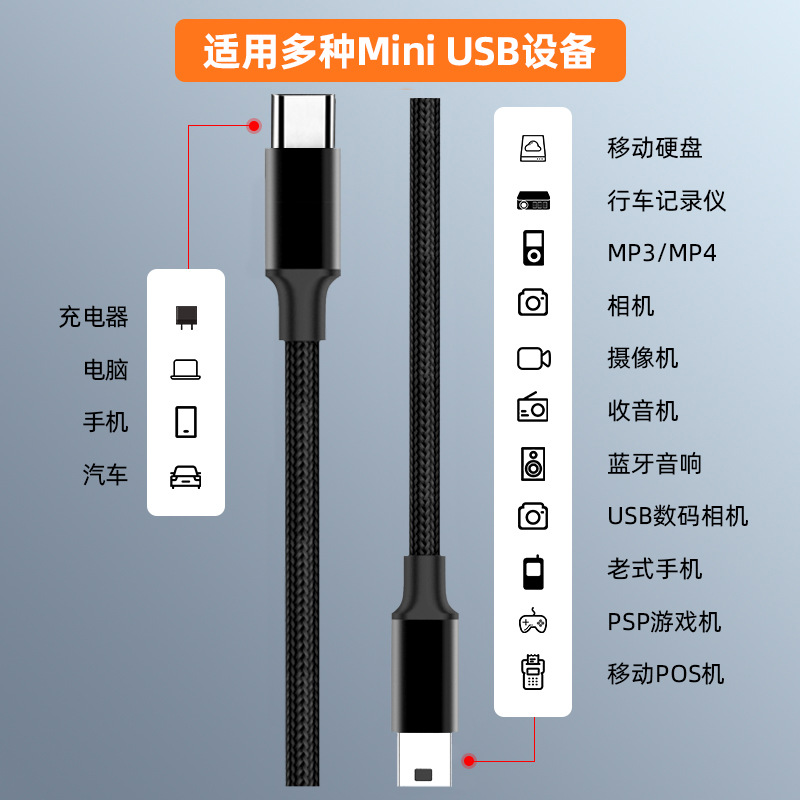 Type-C to Miniusb Data Cable T-Port Laptop to Camera Hard Drive Box Connection Data Cable