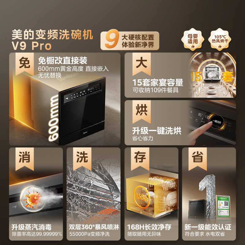 Midea Dishwasher V9Pro Fully Automatic Household Embedded Under-Stove Frequency Conversion 15 Sets Small Disinfection Integrated