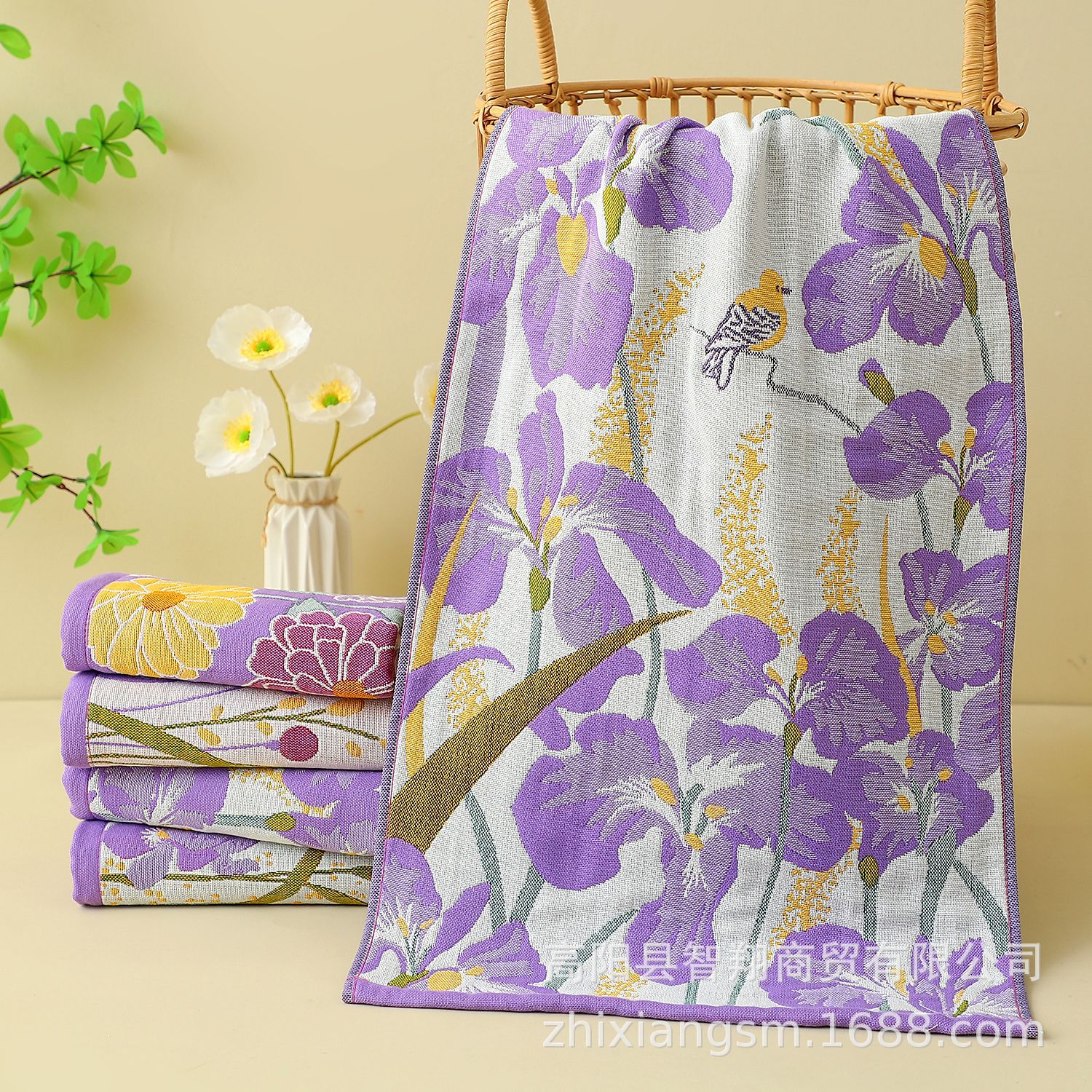 Pure Cotton Gauze Towel Four-Layer Adult Household Cotton Gauze Water-Absorbent Quick-Drying Flower and Bird Cute Bath Towel Female New Style