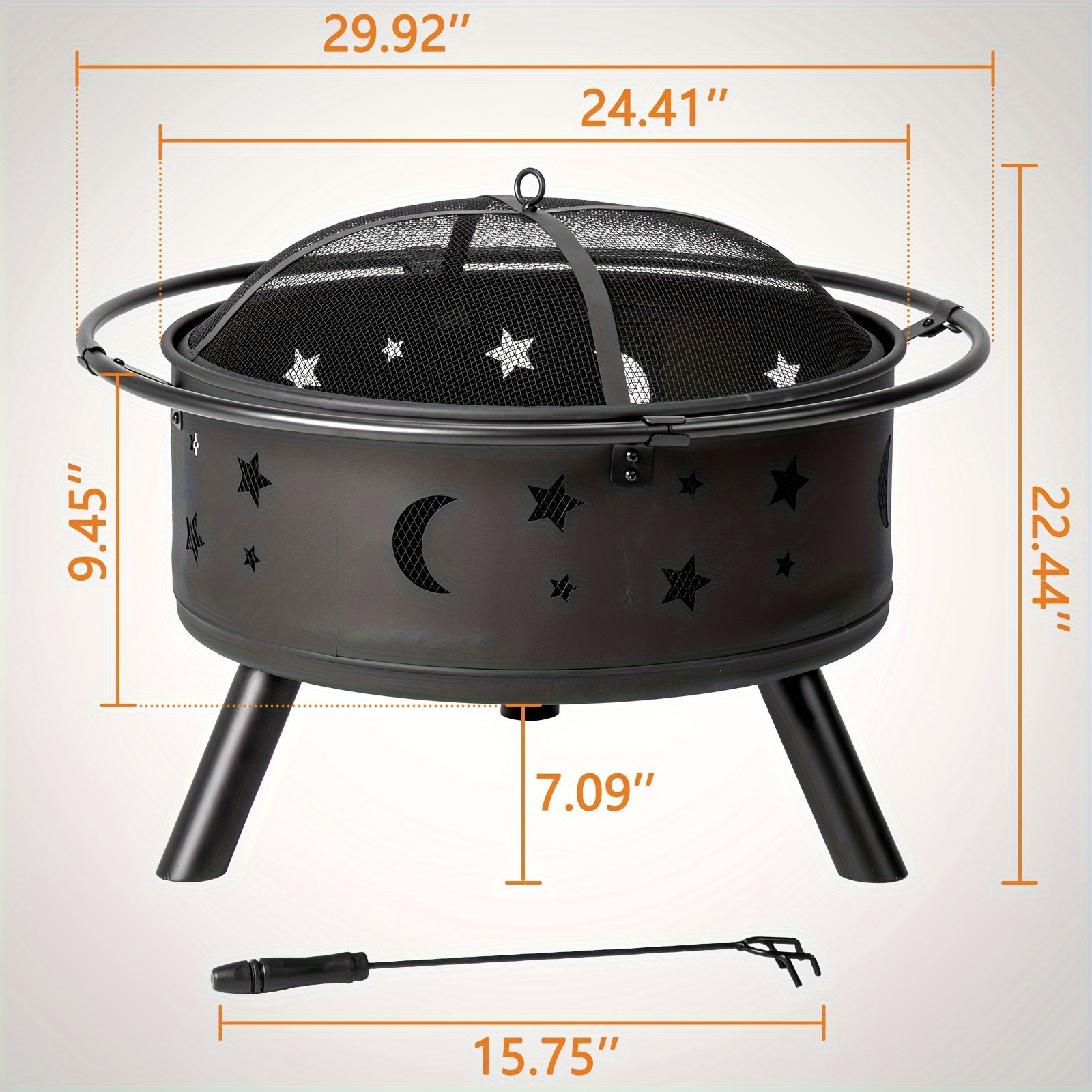 ⑩B 897 30 Round Black Metal Fire Pit with Star Moon