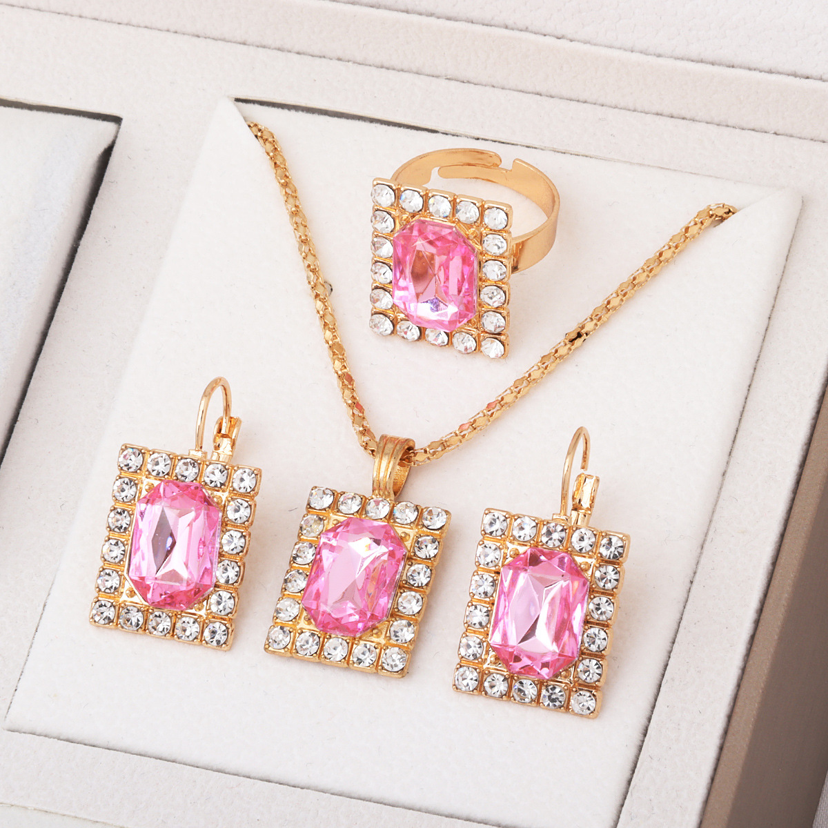 European and American Cross-Border Jewelry Pendant Necklace Earrings Ring Set with Diamonds Three-Piece Set Fashionable Bridal Decorative Jewelry Set