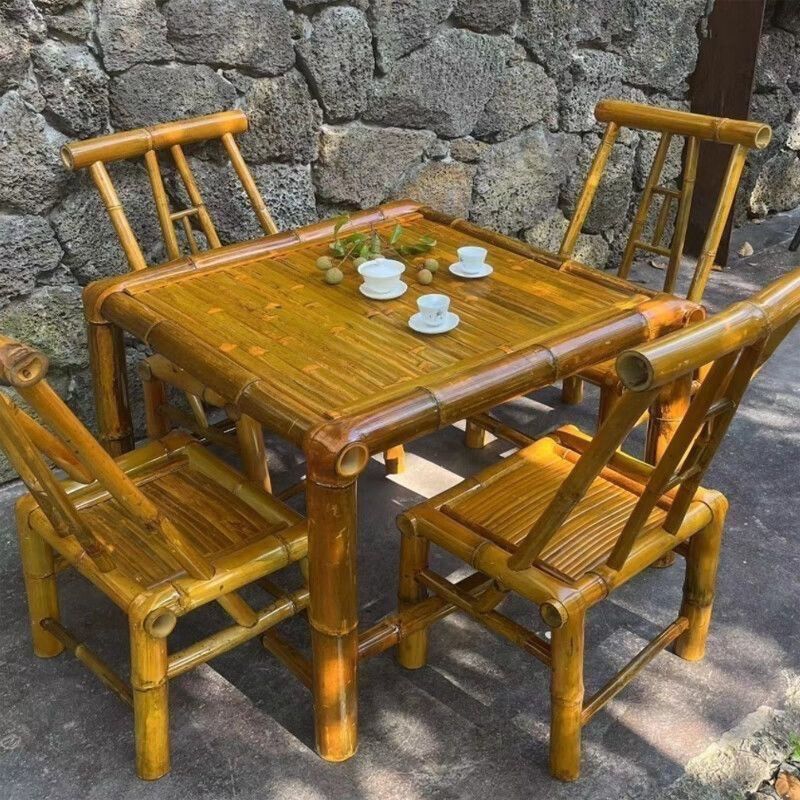 Старомодный набор столов и стульев из бамбука для улицы, ручная работа, плетеный чайный стол, ретро обеденный стол и стулья