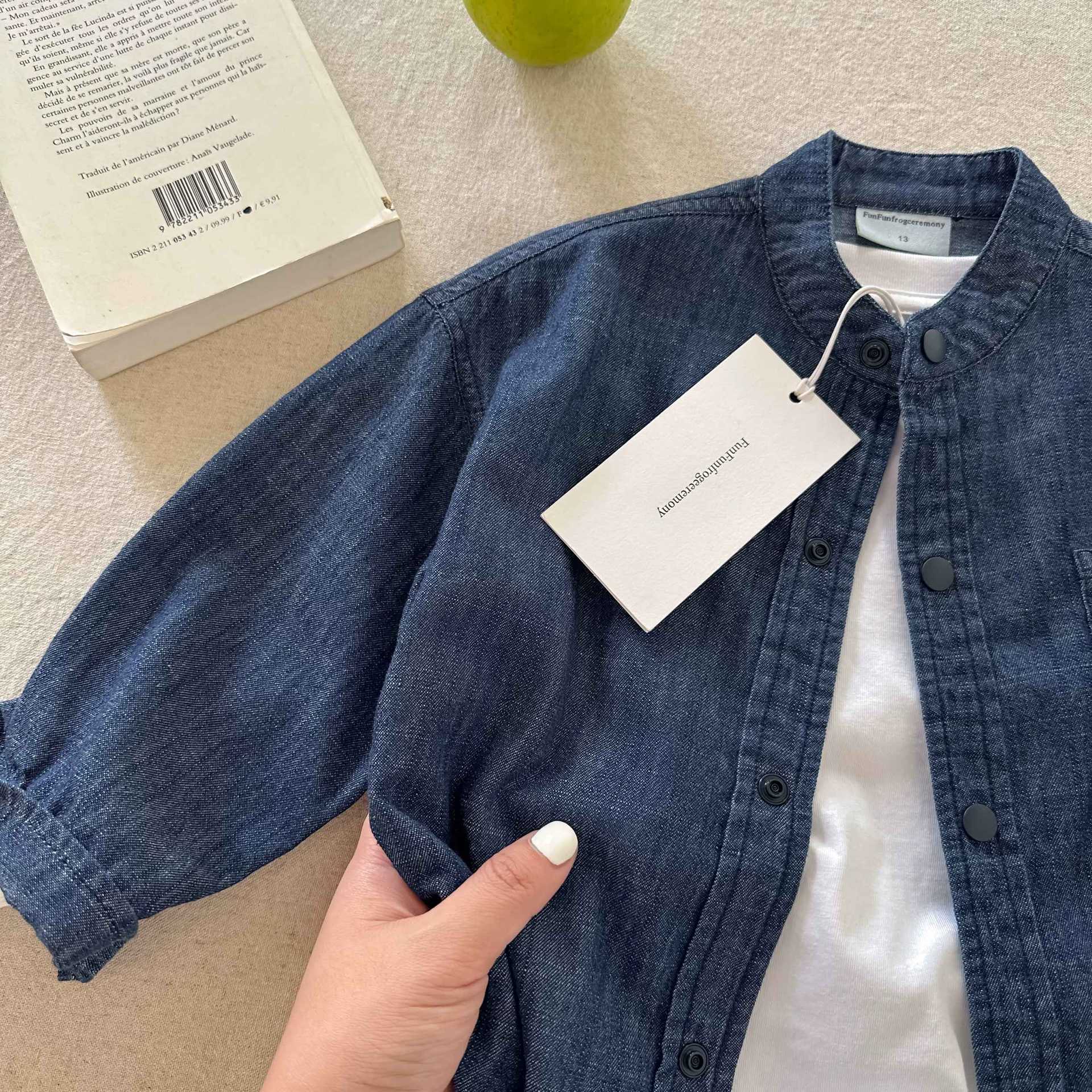 Children's Denim Shirt 2025 Autumn Boys' Japanese Trendy Brand Stand Collar Shirt Baby Toddler Simple Solid Color Thin Jacket