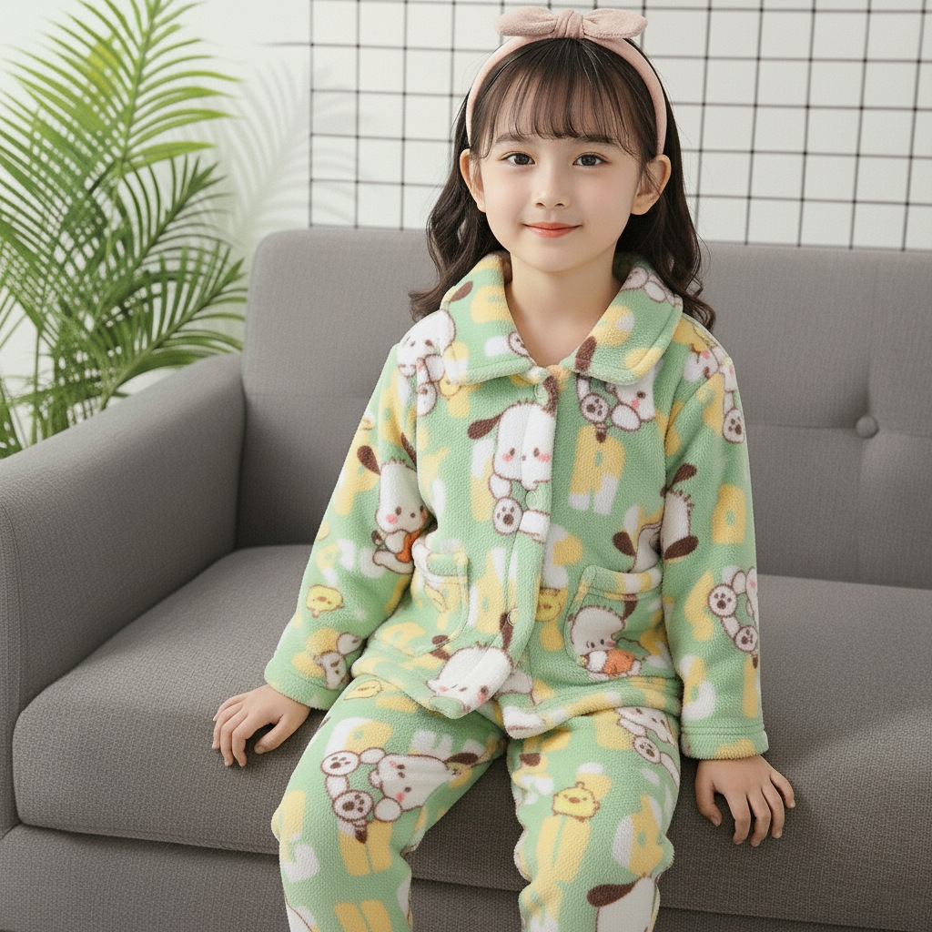 Girls' Pajamas Long-sleeved Flannel Children's Pajamas Autumn and Winter Coral Fleece Boys' Baby Children's Home Clothes Set