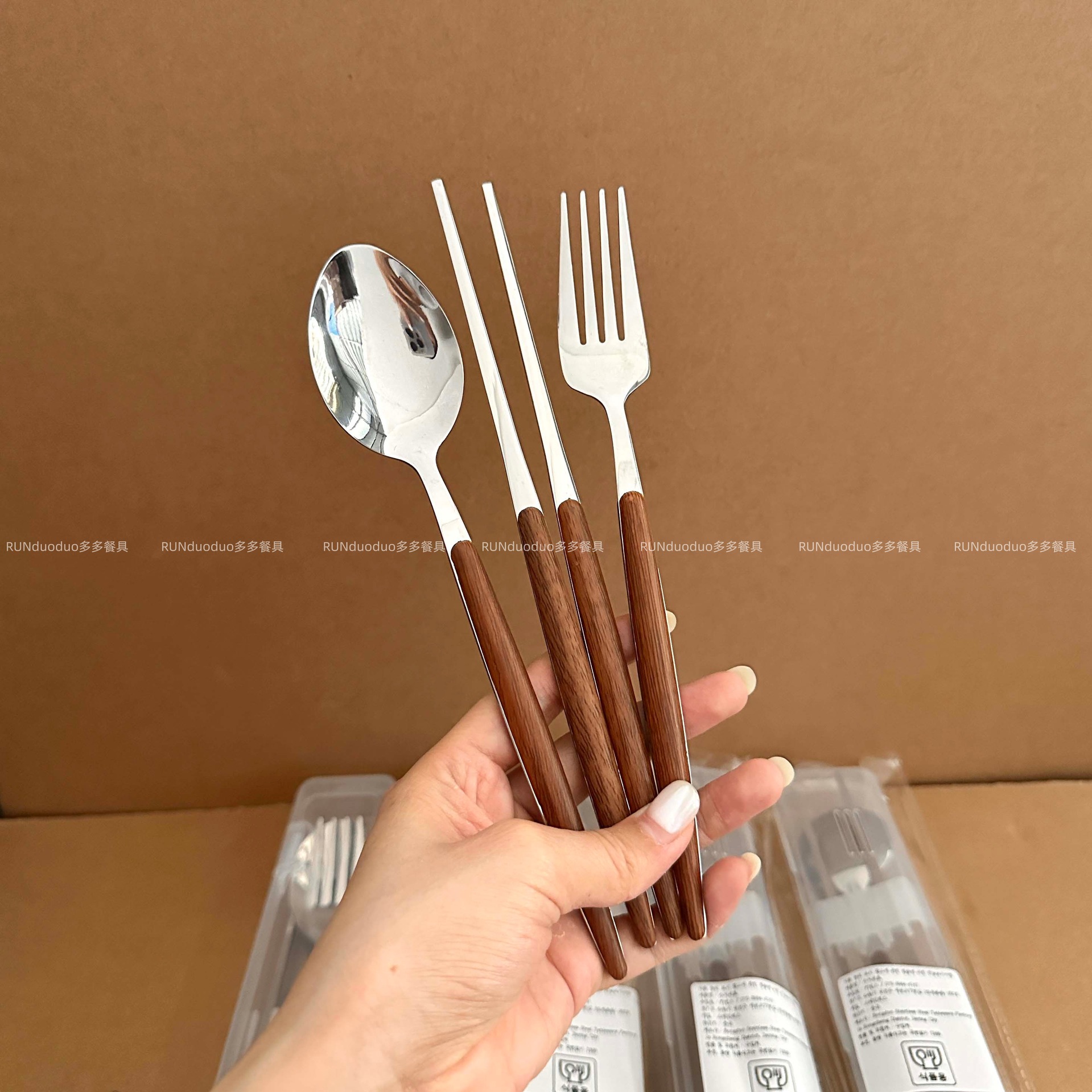 Stainless Steel Portable Cutlery Box Imitation Wooden Handle Chopsticks Spoon Fork Set Korean Three-Piece Student Tableware for One Person