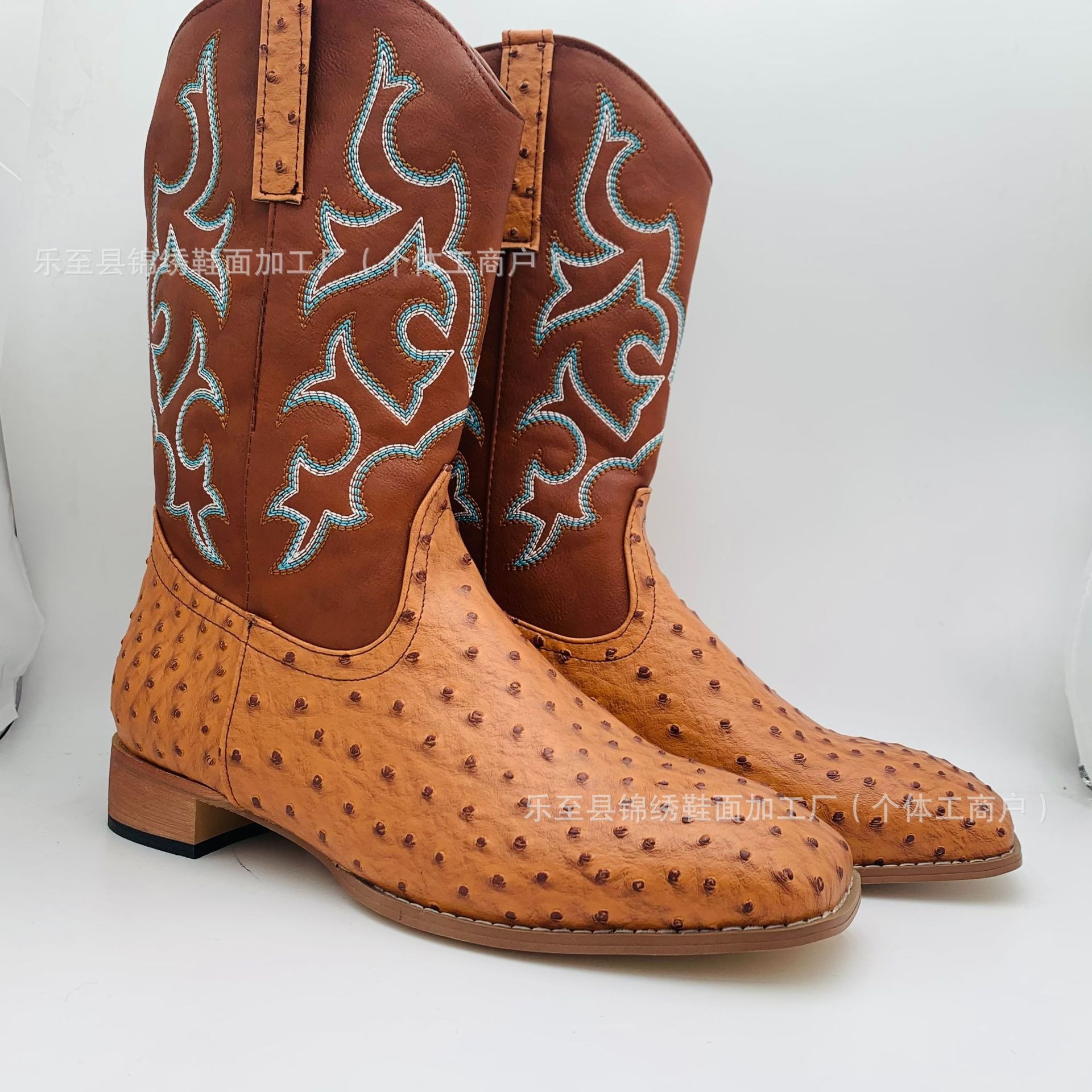 Cross-Border Factory Export Square-Toe Mid-Calf Boots Retro Embroidered Ostrich Pattern Men's Large Size Knight Boots 38-48