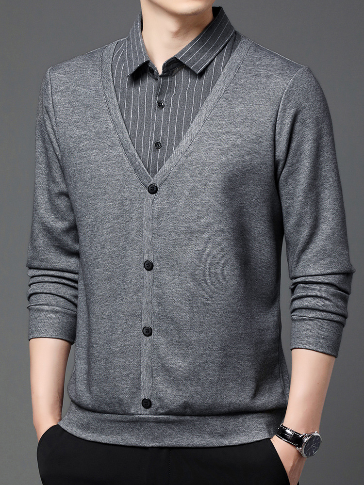 Velvet Fake Two-Piece T-Shirt Men's Winter Stripesd Shirt Collar Spring & Fall Dad Wear Warm Casual Knitwear