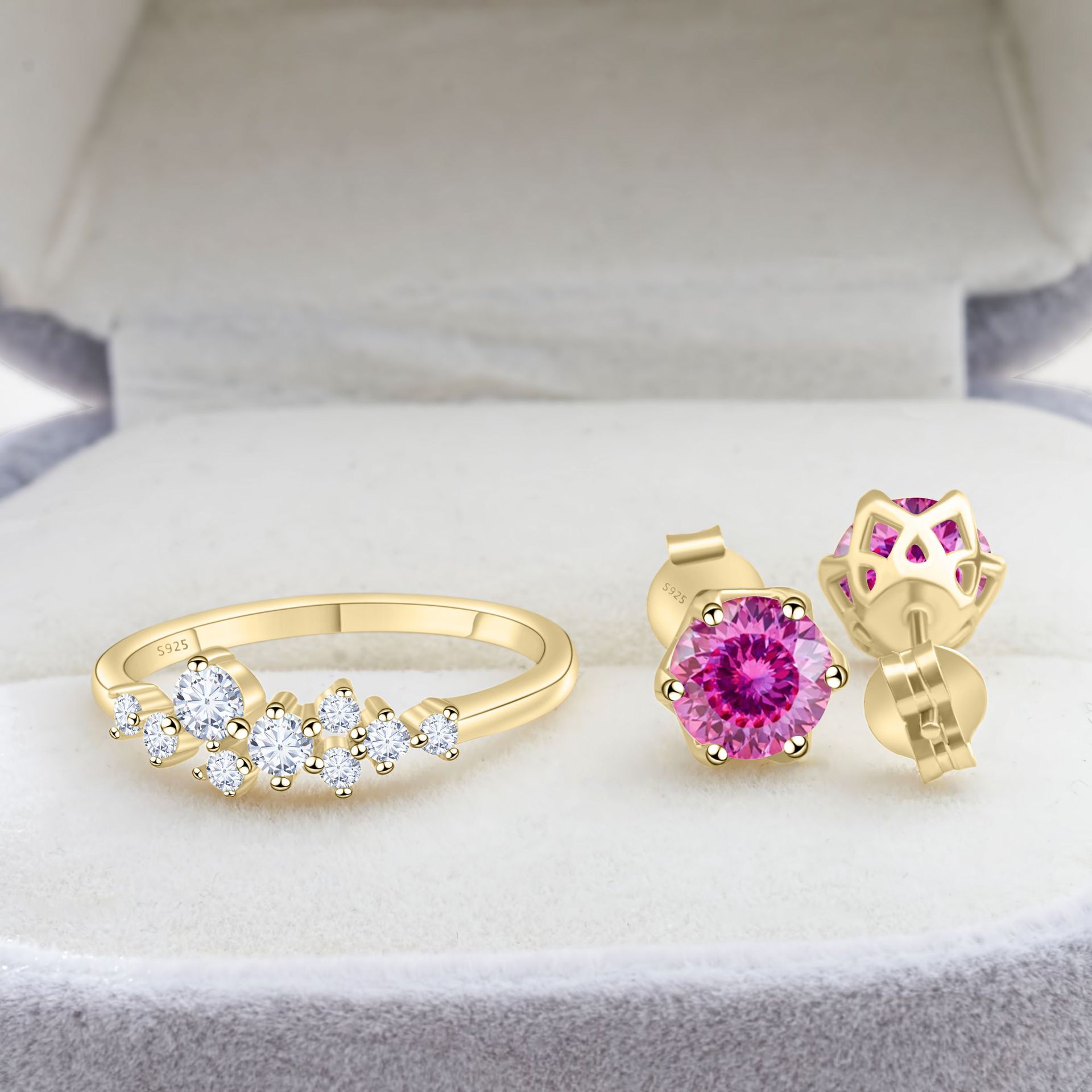 Cross-Border Exclusive S925 Silver Moissanite Set Earrings + Ring with Certificate Sparkling Fire Diamond Cross-Border Hot Sale