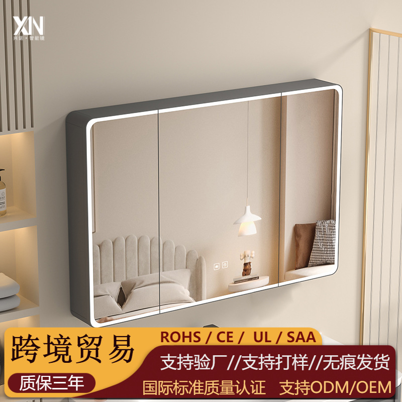 Зеркальный шкаф из алюминия для ванной комнаты, светодиодное умное зеркало, настенное косметическое зеркало с отверстием для бумаги