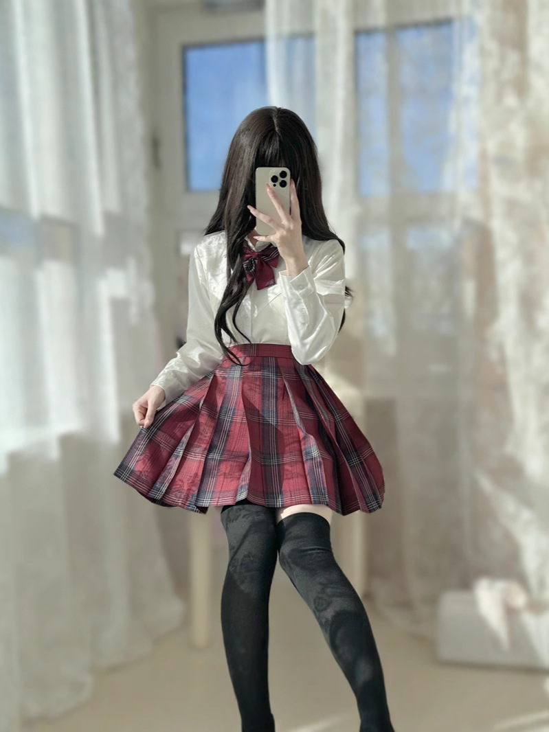 Sakurajima Yuki Jk Uniform Waist-Cinching V-Neck Shirt, Preppy Style Slim-Fit Shirt, Plaid Skirt Set, Japanese Fresh and Sweet Style