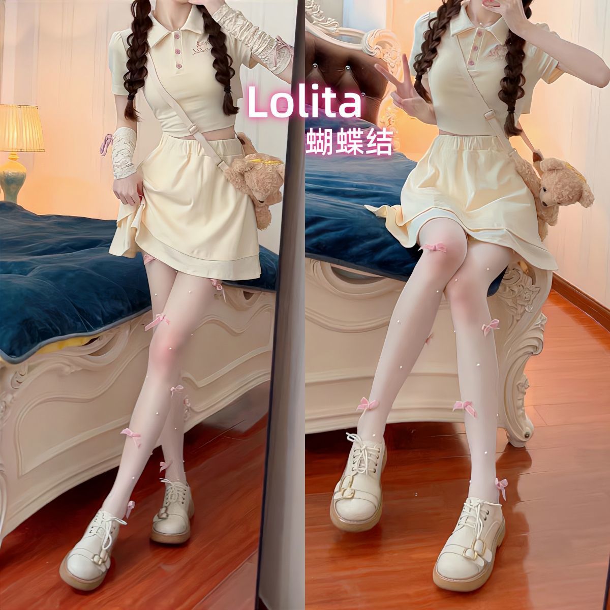 Lolita Sweet Sexy Pure Desire White Stockings Women's Ballet Style Bow Pearl Mary Jane Lace Stockings Women