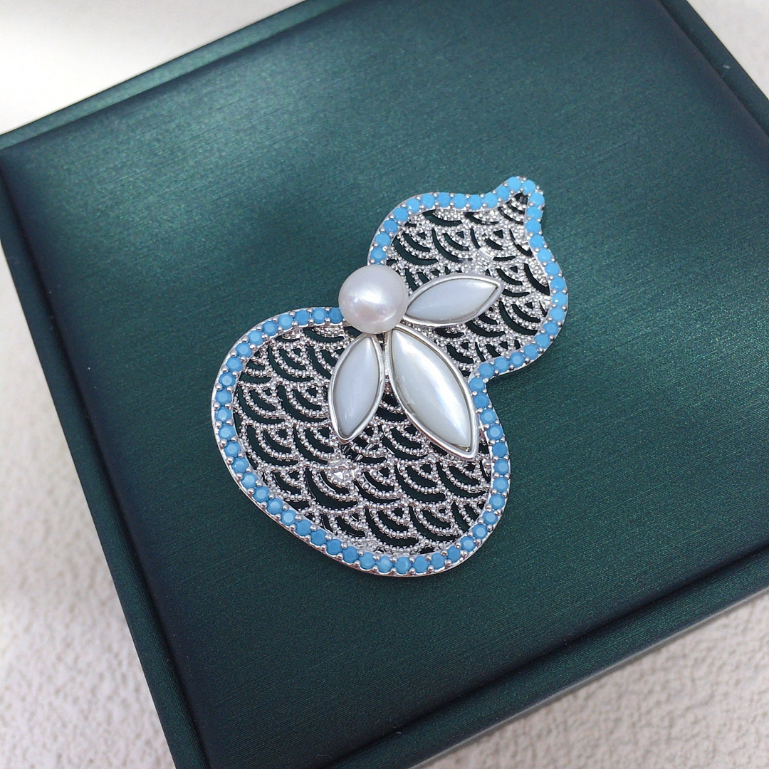Natural Freshwater Pearl New Chinese Style Natural Sea Shell Mother-Of-Pearl Gourd Brooch Good Luck and Fortune Corsage Autumn and Winter Versatile