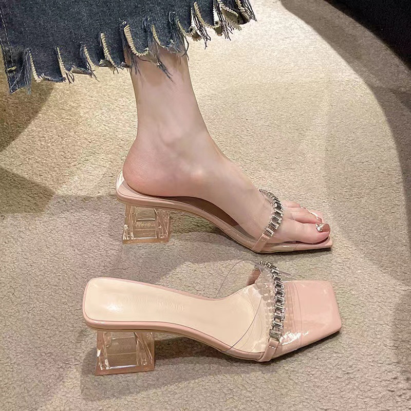 French Transparent Large Size Thick Heel Sandals Women's 2025 Summer New Fairy Style High Heel Slippers Temperament Water Women's Shoes