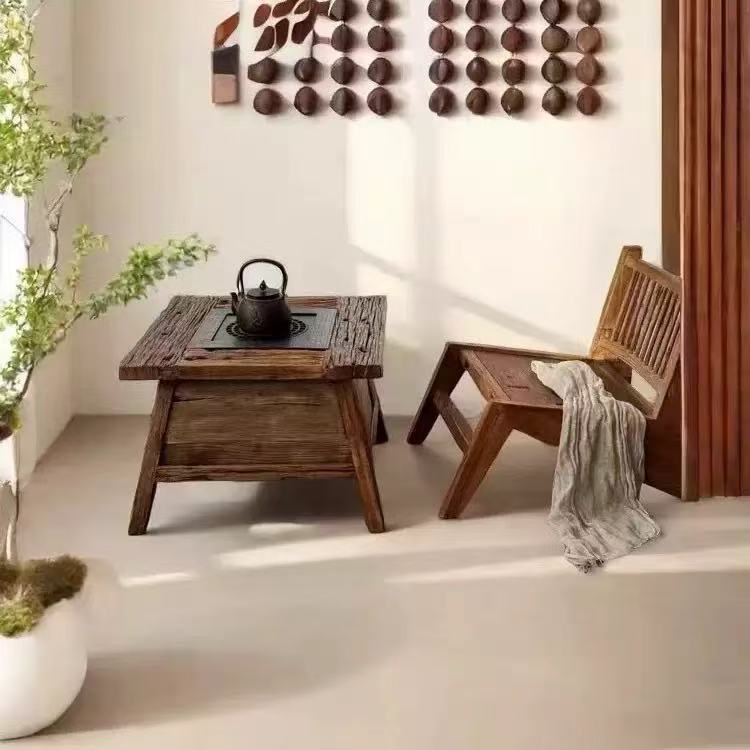 Old Elm Wood Stove Table Courtyard Barbecue Hot Pot Table Square Tea Table B&B Multi-Person Tea Table Factory Direct Sale