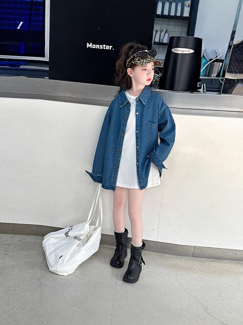 Girls' Denim Shirt 2025 Autumn New Style for Older Girls, Children's Autumn White Crew Neck Base Shirt