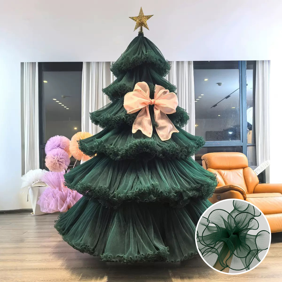 Christmas Wavy Lace Pleated Mesh Fabric Christmas Tree Ornaments Flowers Wedding Decoration Packaging DIY Fabric