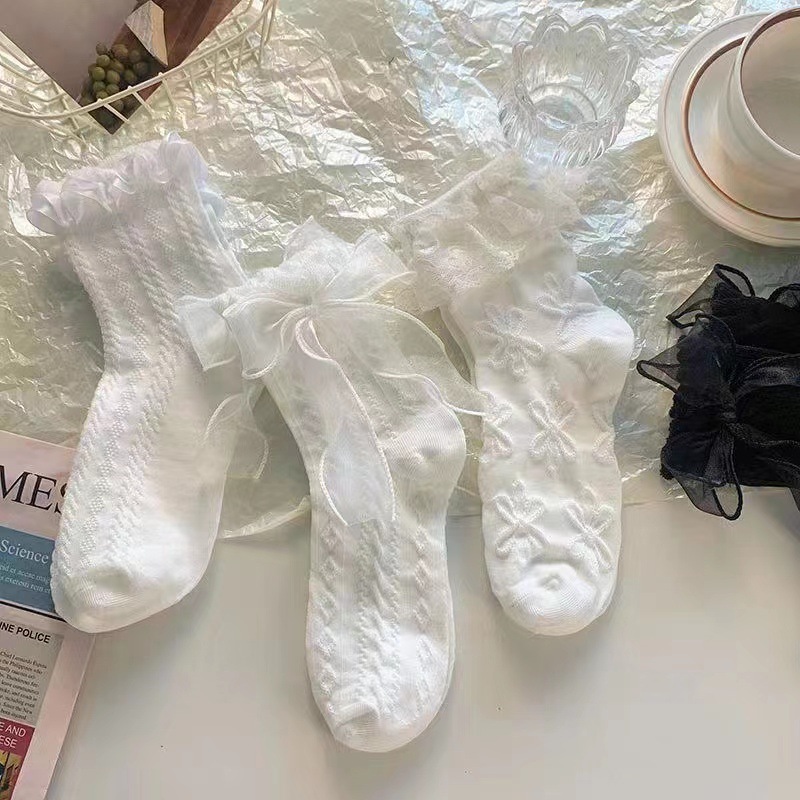 Simple White Bow Lace Socks Children's Mid-length Socks Summer Thin Japanese Sweet Lolita Lace JK Socks