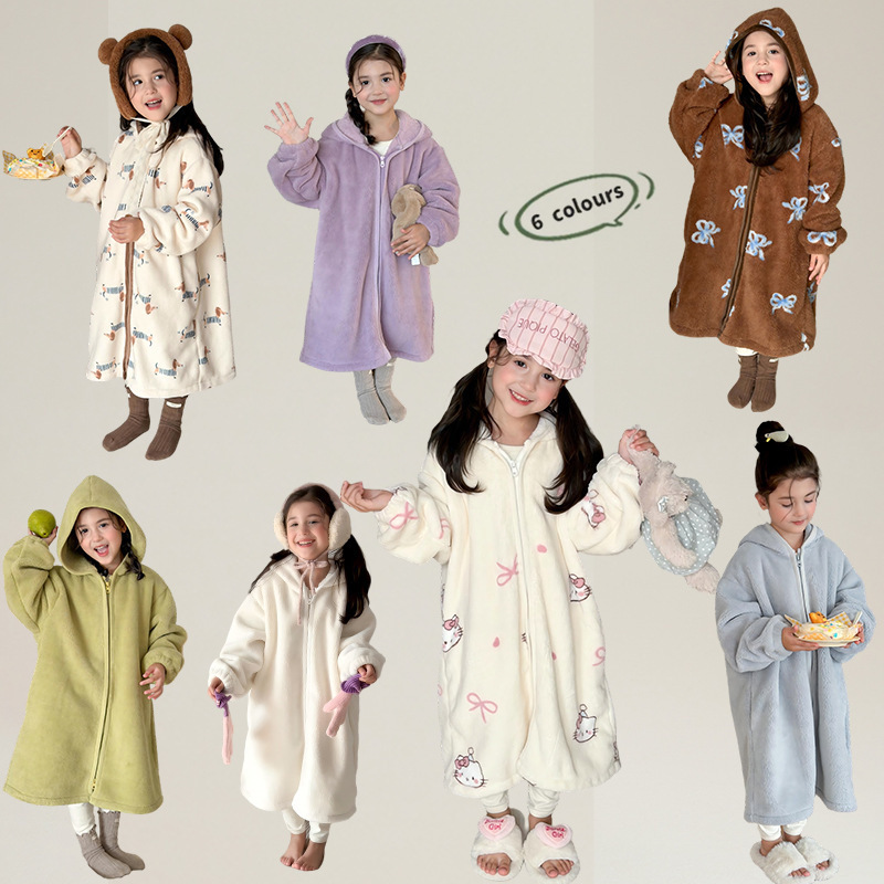 Халат из кораллового флиса Aimobeibei для мальчиков и девочек, мультяшный, милый, однотонный, утолщенный, домашняя одежда, плюшевый ночной халат