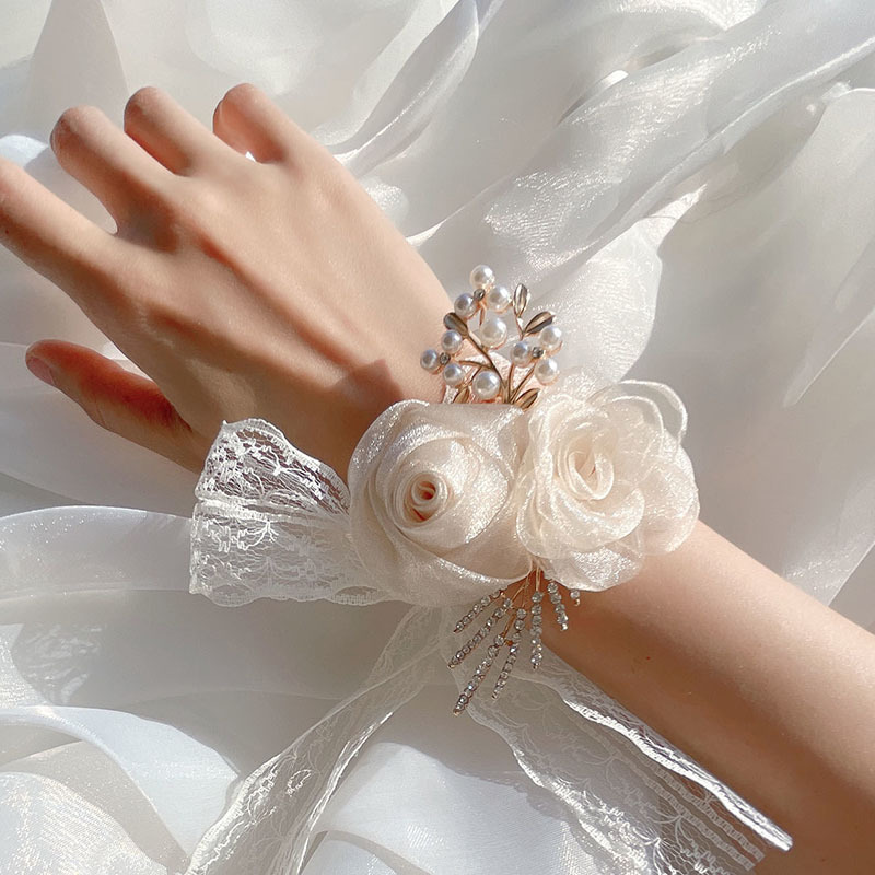 Bridesmaid's Wrist Flower Wedding Bride's Advanced Sense Hand Flower Bracelet Flower Corsage Fairy Wedding Sister Group White Accompanying Ceremony