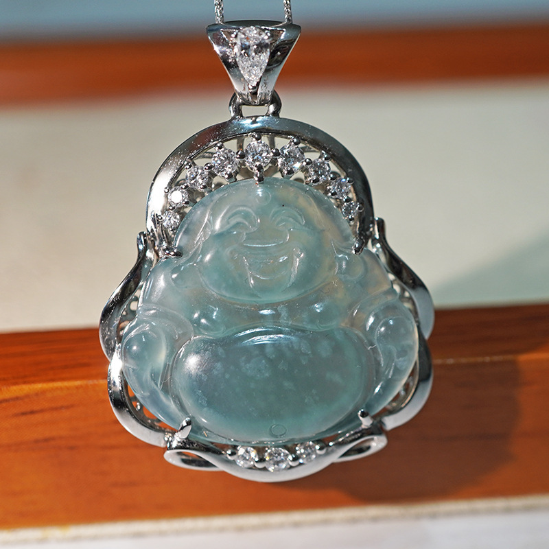Подвеска из платины Pt950 с культивированным бриллиантом, улыбающаяся Будда из нефрита, инкрустированная полным бриллиантом