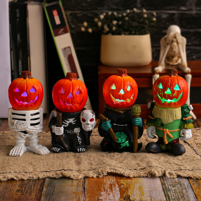 Halloween Led Light Pumpkin Knight Desktop Ornaments Decorative Luminous Small Pumpkin Head Ghost Resin Courtyard Decoration