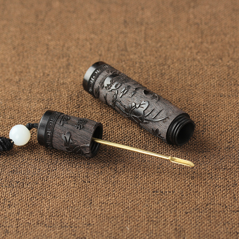 Ebony Snuff Bottle Wooden Antique Carry-on Handle Snuff Bottle Solid Wood Carved Snuff Powder Bottle