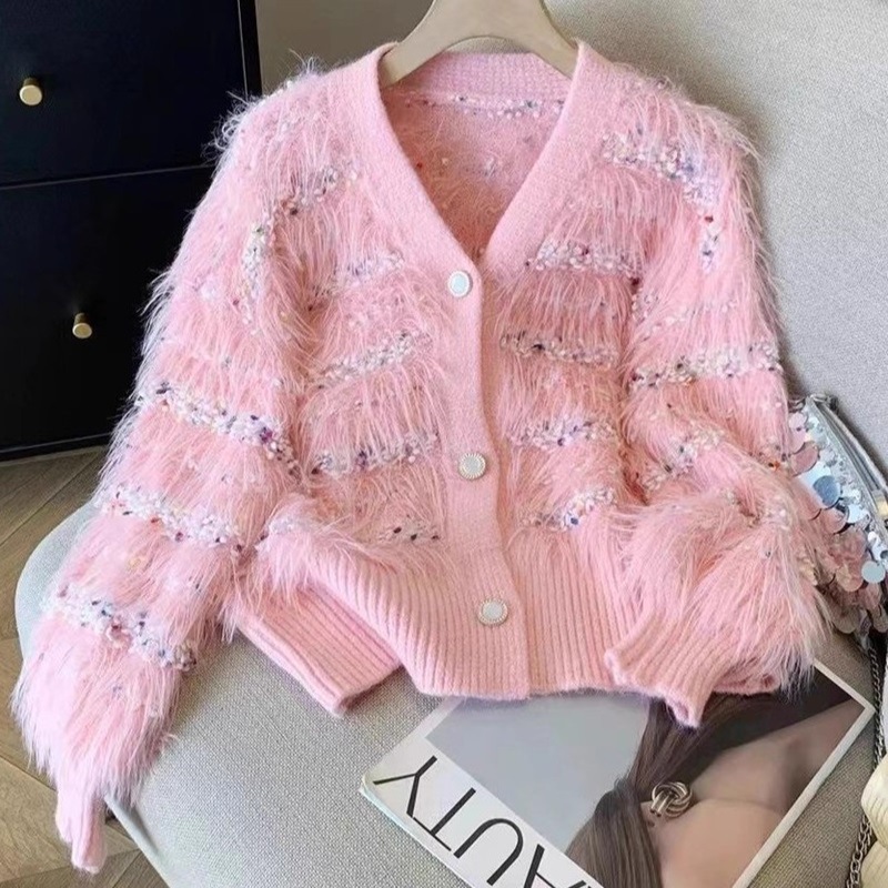 2025 Autumn and Winter Popular Imitation Mink Velvet Color Dot Knitted Jacket Cross-Border Lazy Style V Neck Cardigan Fashionable Soft Waxy Sweater