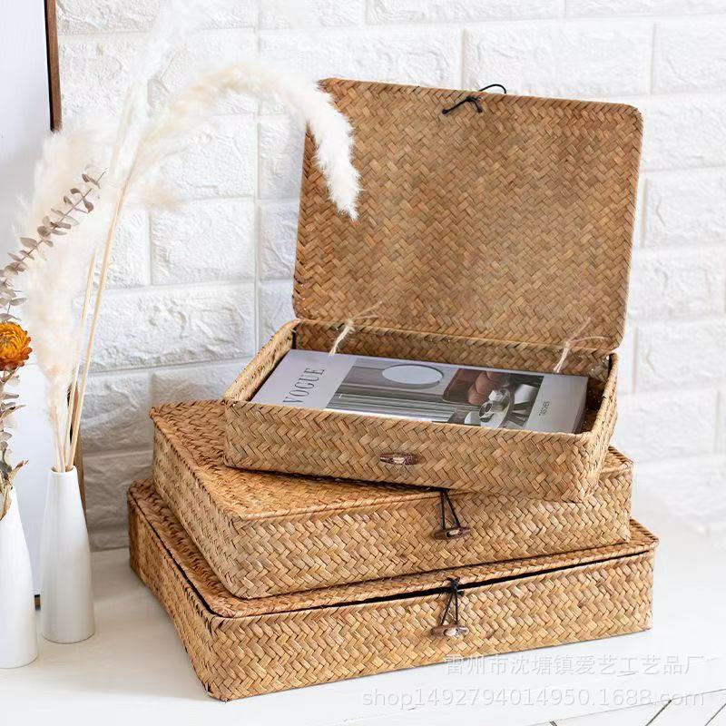 Wholesale hand gift box rattan finishing storage box straw storage box bamboo gift box with lid desktop storage basket