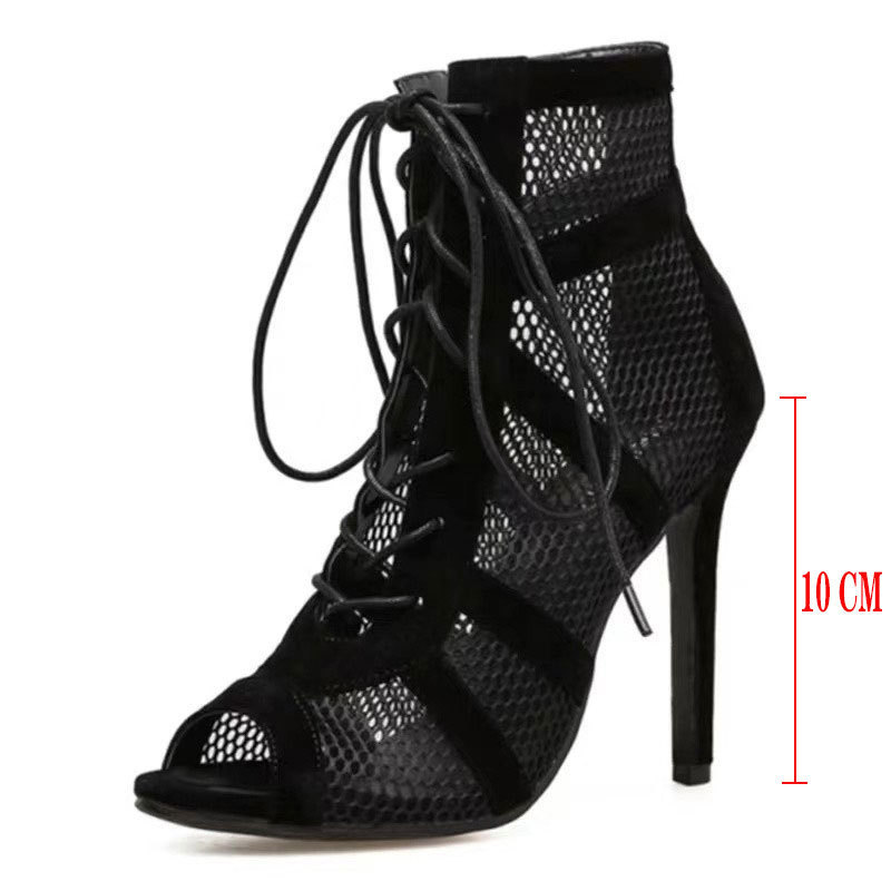 Cross-Border European and American New Black Mesh Suede Fashion Cross Strap Sexy High Heels Plus Size Women's Shoes Aliexpress Amazon