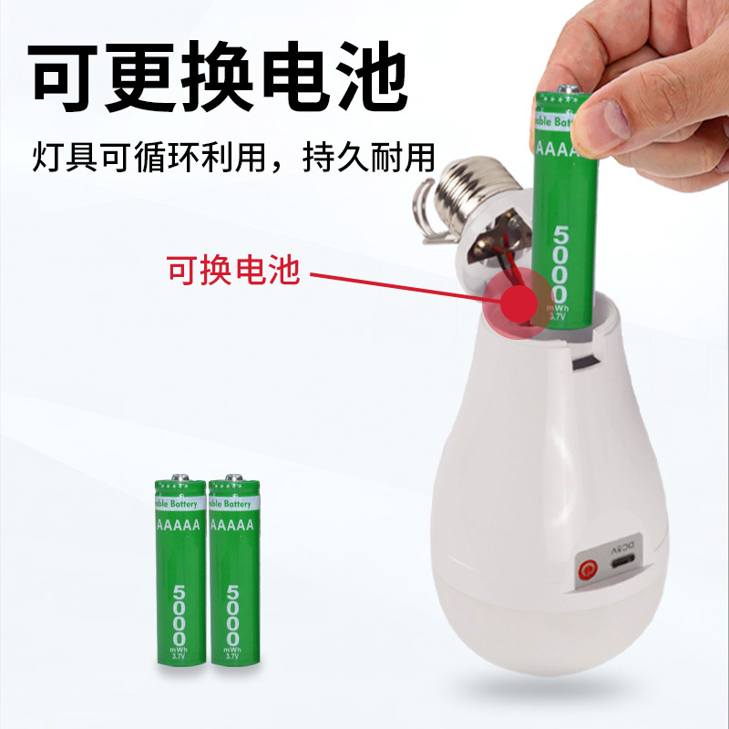 Type-C Rechargeable Led Bulb with Dual Battery for Power Outage Emergency, USB Light for Night Market Stalls and Camping, Dual Battery Powered