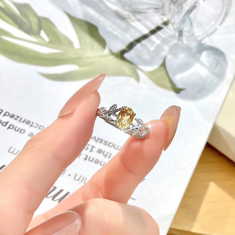 Cross-Border Retro S925 Sterling Silver Natural Crystal Stone Leaf Four-Claw Ring Fashionable Accessible Luxury High-End Personalized Ring