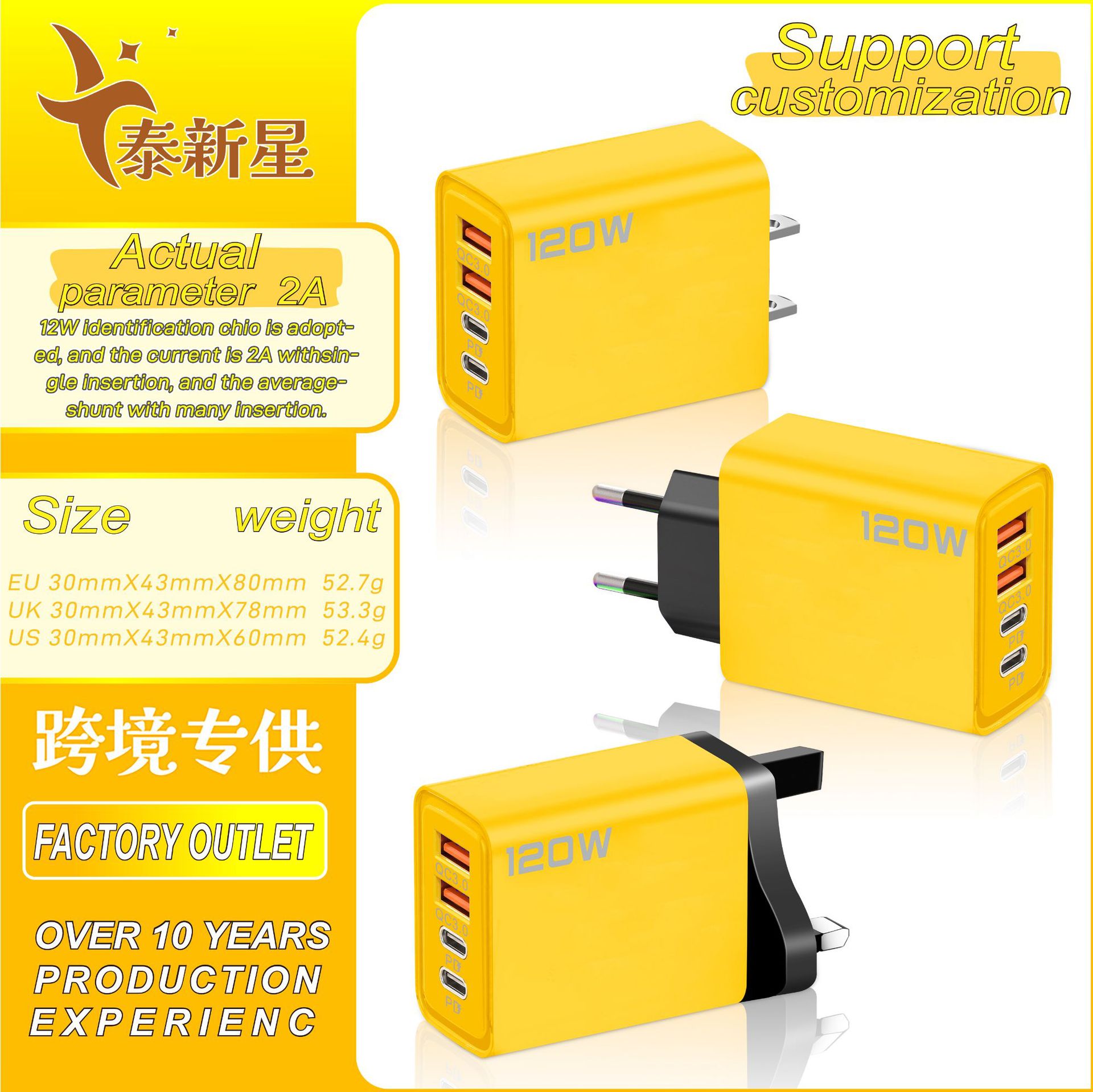 Зарядное устройство на 12W, четырехпортовое, европейское, американское и британское, dual USB + dual Pd, многофункциональное, исключительно для кросс-бордерного использования