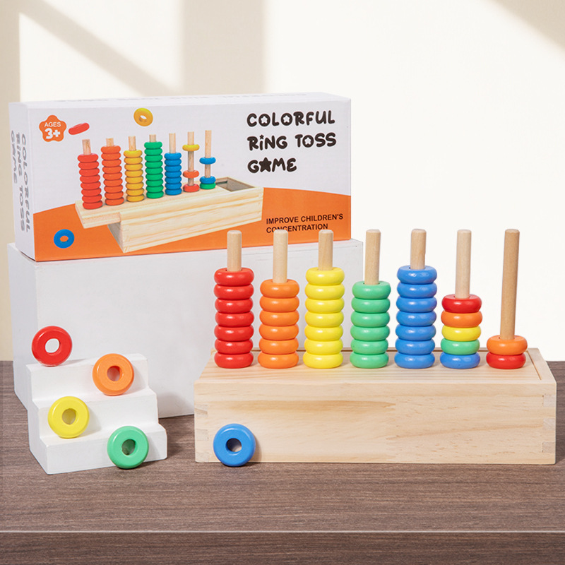 Wooden Colorful Ring Set Column Color Classification Sorting Cognitive Hand-Eye Coordination Fun Jenga Educational Toy