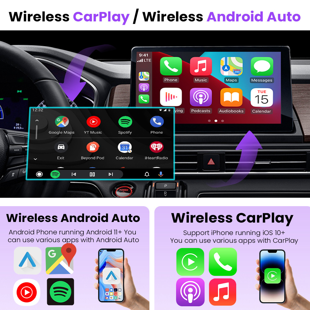 Original car wired to wireless Carplay 2-in -1 to wireless Android Auto for Apple Android phones