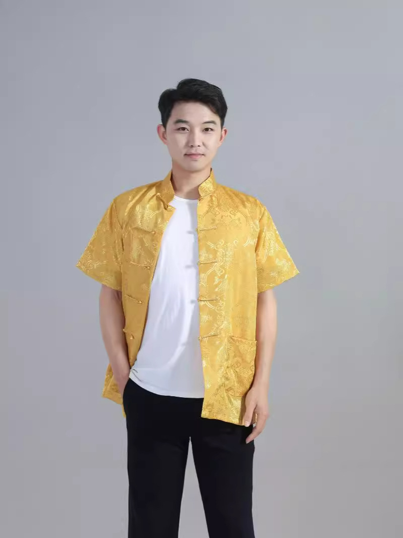 Wholesale Dropshipping Satin Embroidery Internet Celebrity Chinese Style Hanfu Silk Men's Short-Sleeved Tops Chinese Style Ancient Tang Suit