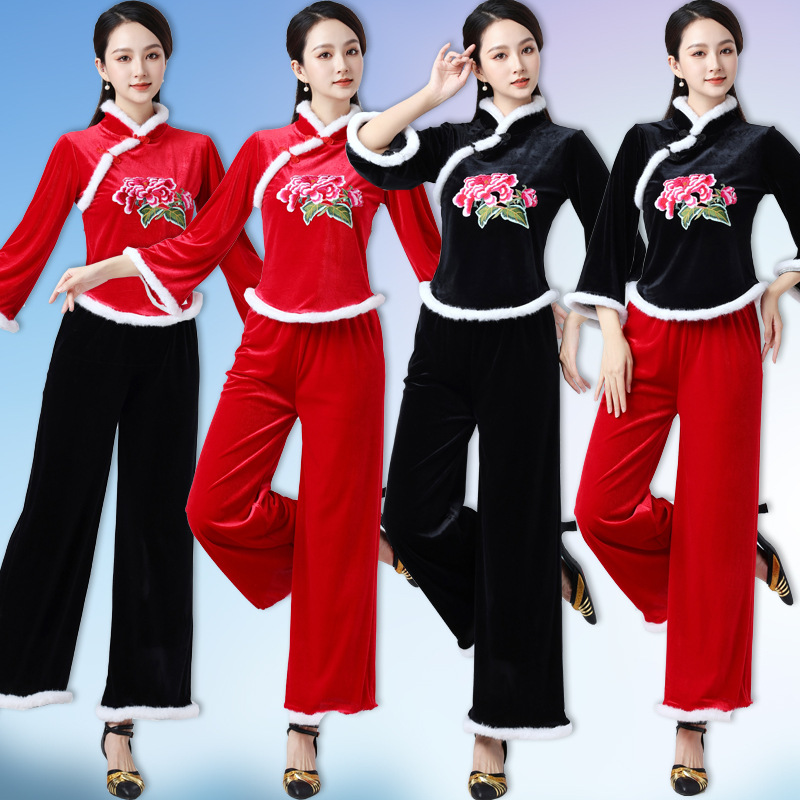 Luoshen Square Dance Costume New suit Autumn and Winter Thickened Embroidered Golden Velvet Dance Costume Ethnic Performance Costume