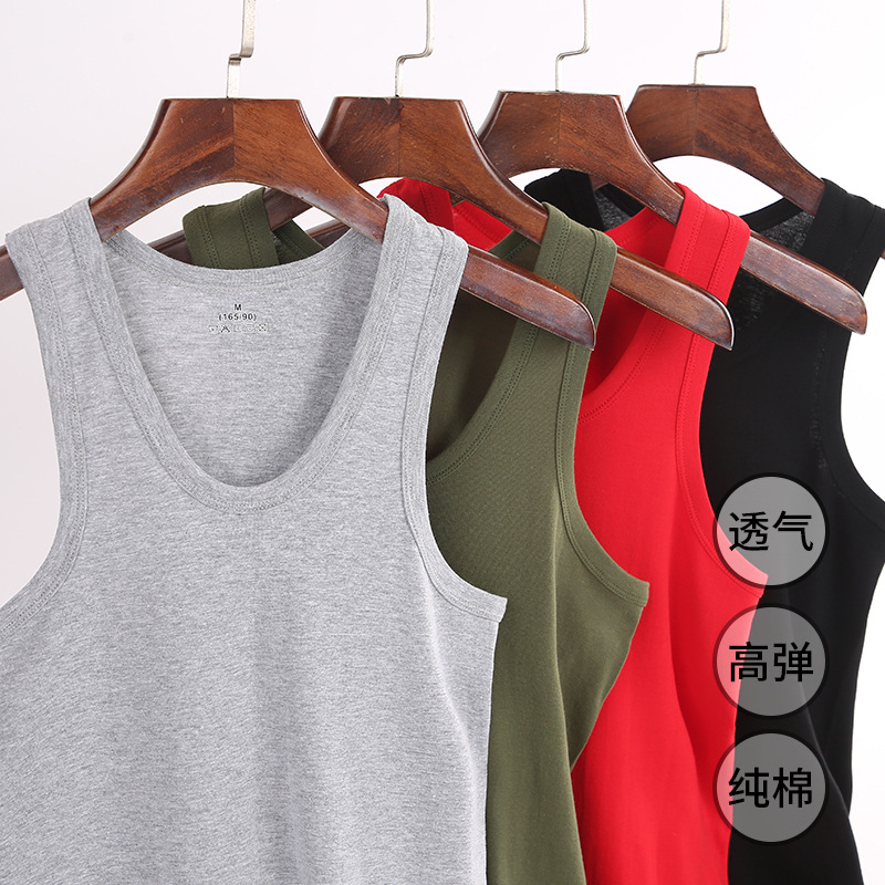 Summer Men's Vest Pure Cotton Student Sports Hurdle Base Pin-fit Two-way Pure Cotton Sweat Vest Men's Army Green