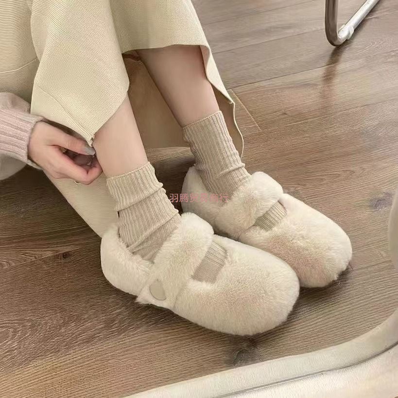 35-43 Large Size Women's Shoes French Evening Style with Skirt Furry Shoes 41 Autumn and Winter Fleece-Lined Soft Sole Mary Jane Shoes 42