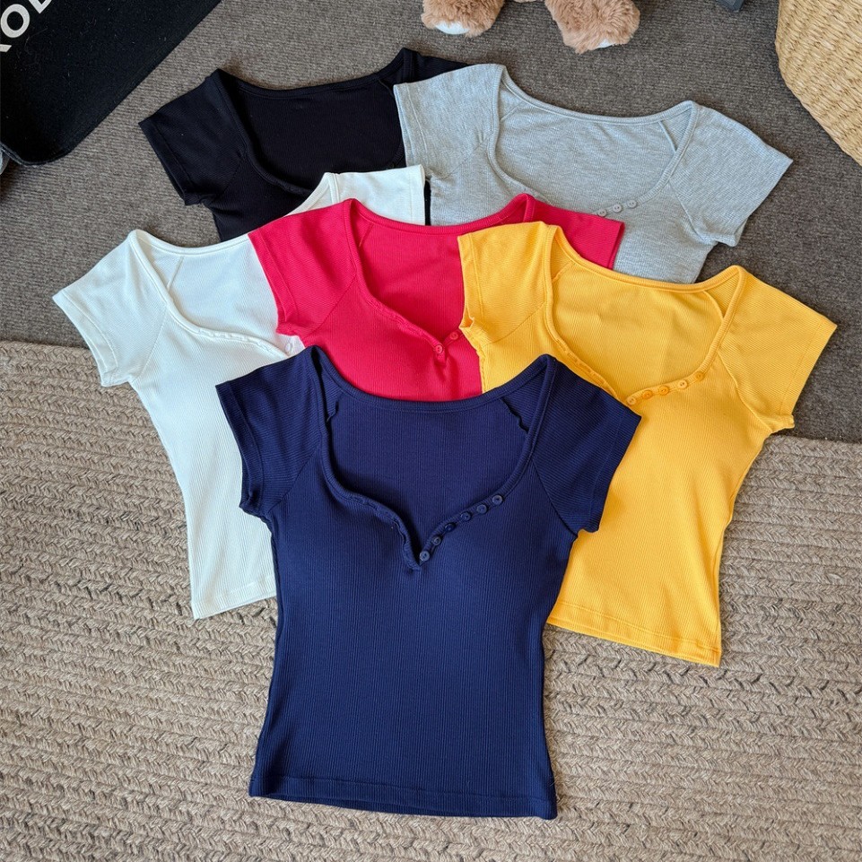 5107 # Sexy Peach Heart воротник, облегающая футболка с коротким рукавом для женщин, летняя, V-образный вырез, кнопки, однотонный, повседневный, универсальный топ