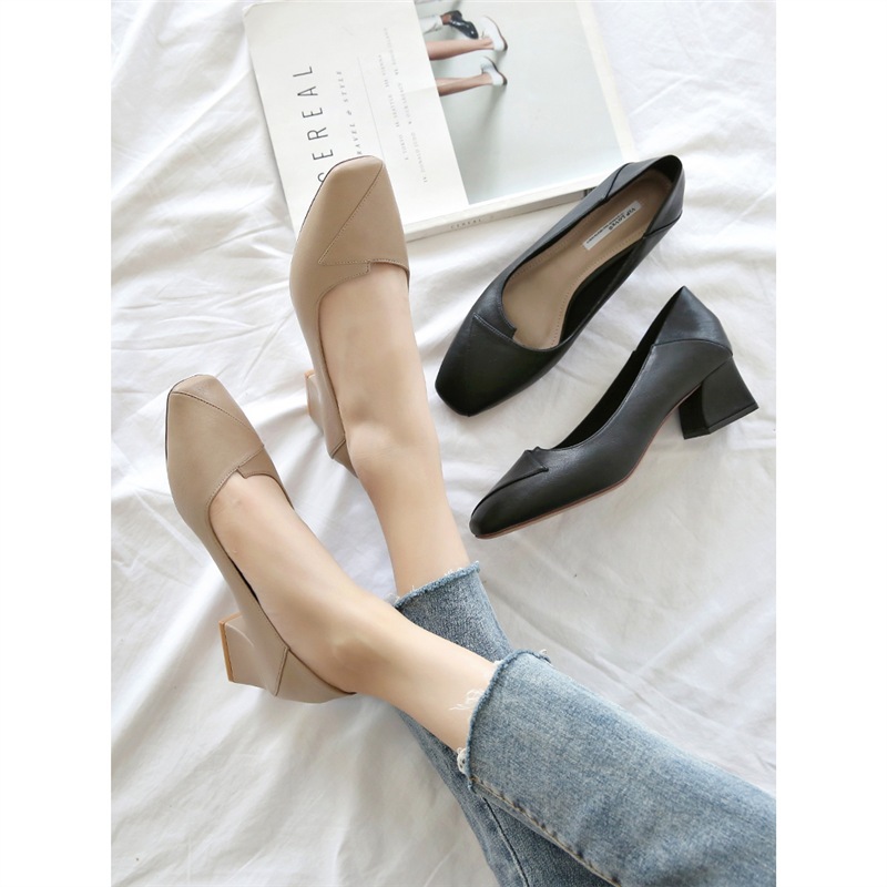 2025 Spring Thick Heel Flats Women's Medium Heel High Heels French Nude Versatile Square Toe Granny Shoes Genuine Leather K-Style