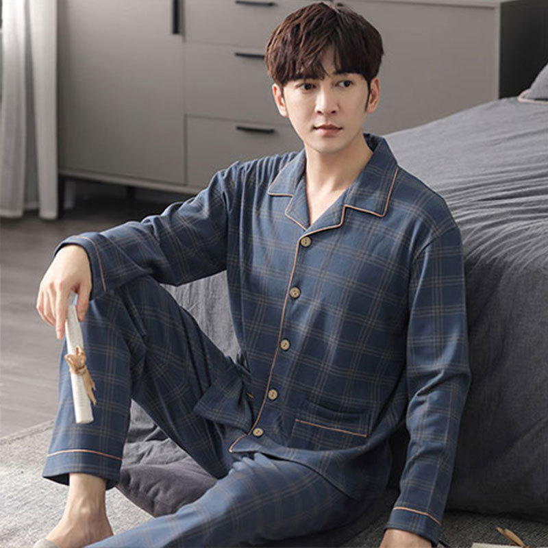 Long-Sleeved Pajamas for Men Spring and Autumn New Imitation Cotton High-End Plaid Suit Plus Size Casual Can Be Worn Outside Home Clothes
