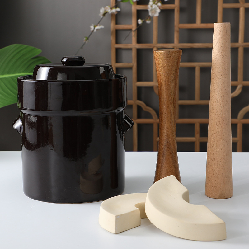 Керамическая банка для маринования 5 литров с влагозащитной крышкой и каменным прессом, цветная ферментационная емкость, может быть укомплектована палочками из акации