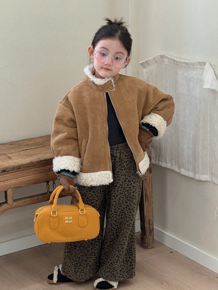 童外套2025冬季新款女童韩系鹿皮绒皮毛一体立领短款慵懒风机车服