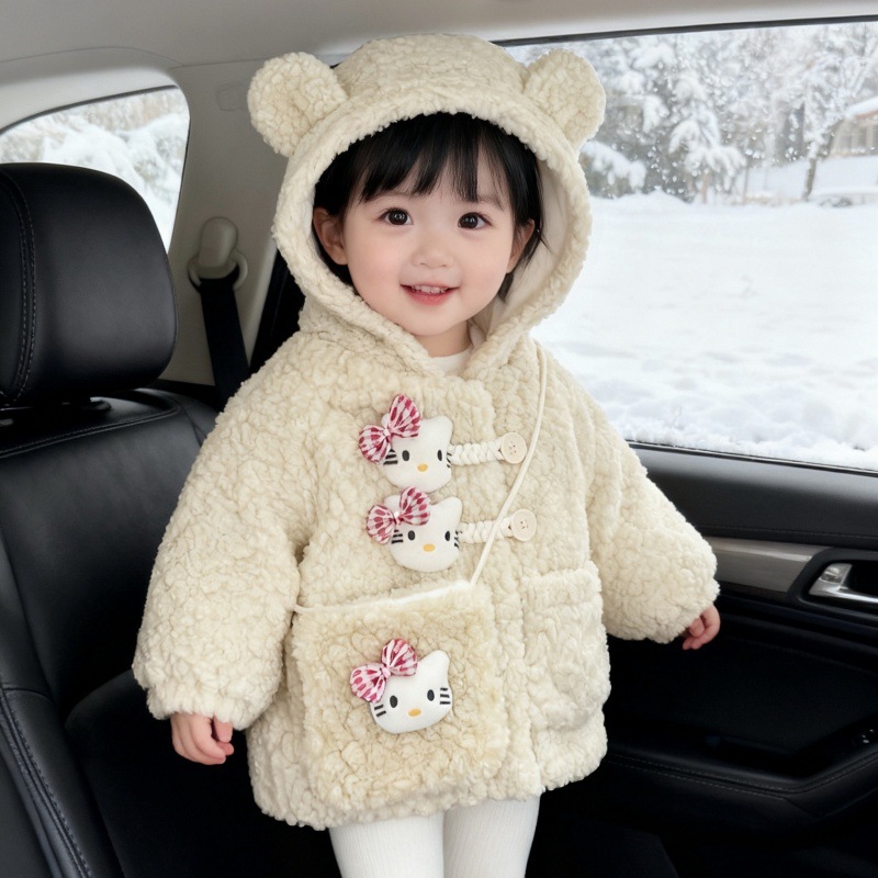W328 Girls Pink Fashion Velvet Jacket Baby Winter Clothing Kidsren Korean Style Foreign Style Quilted Hooded Winter Kidsren's Clothing
